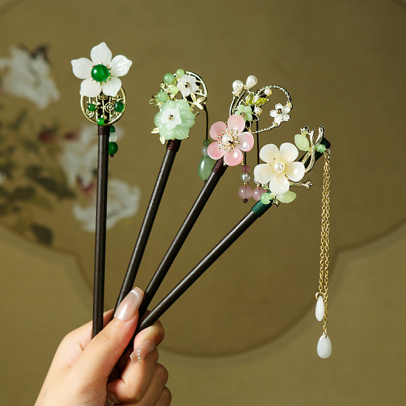 少女甜美桃花手工髮簪國潮復古漢服旗袍配飾古風步搖流蘇木質髮釵