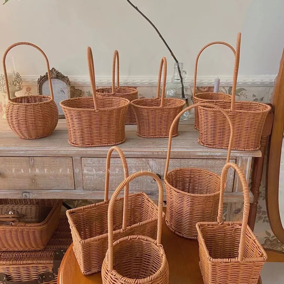 仿藤编手提插花花艺藤编柳编手工编织插花鲜花篮田园客厅装饰摆件