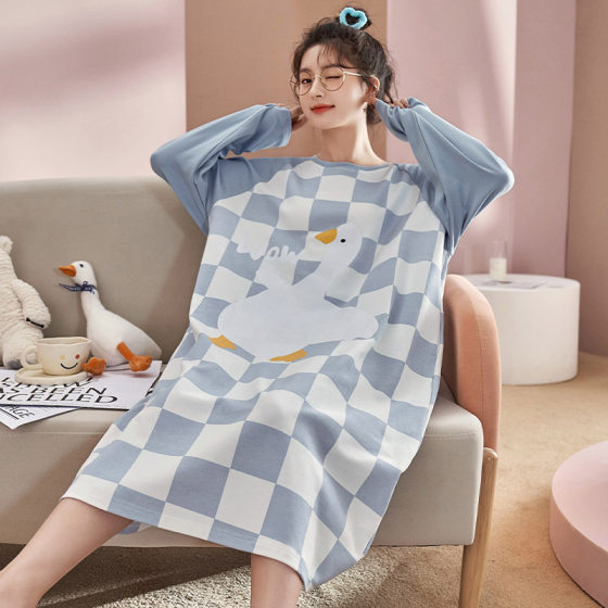 2023 new nightdress women's long-sleeved mid-length autumn cartoon loose over-the-knee nightdress home spring and autumn