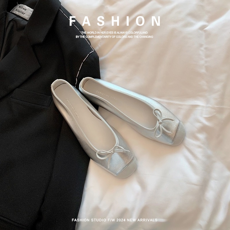 [Genuine Leather] Two Heights ~ French Lambskin Square-Toe Bowknot Chunky Heel Ballet Flats for Women