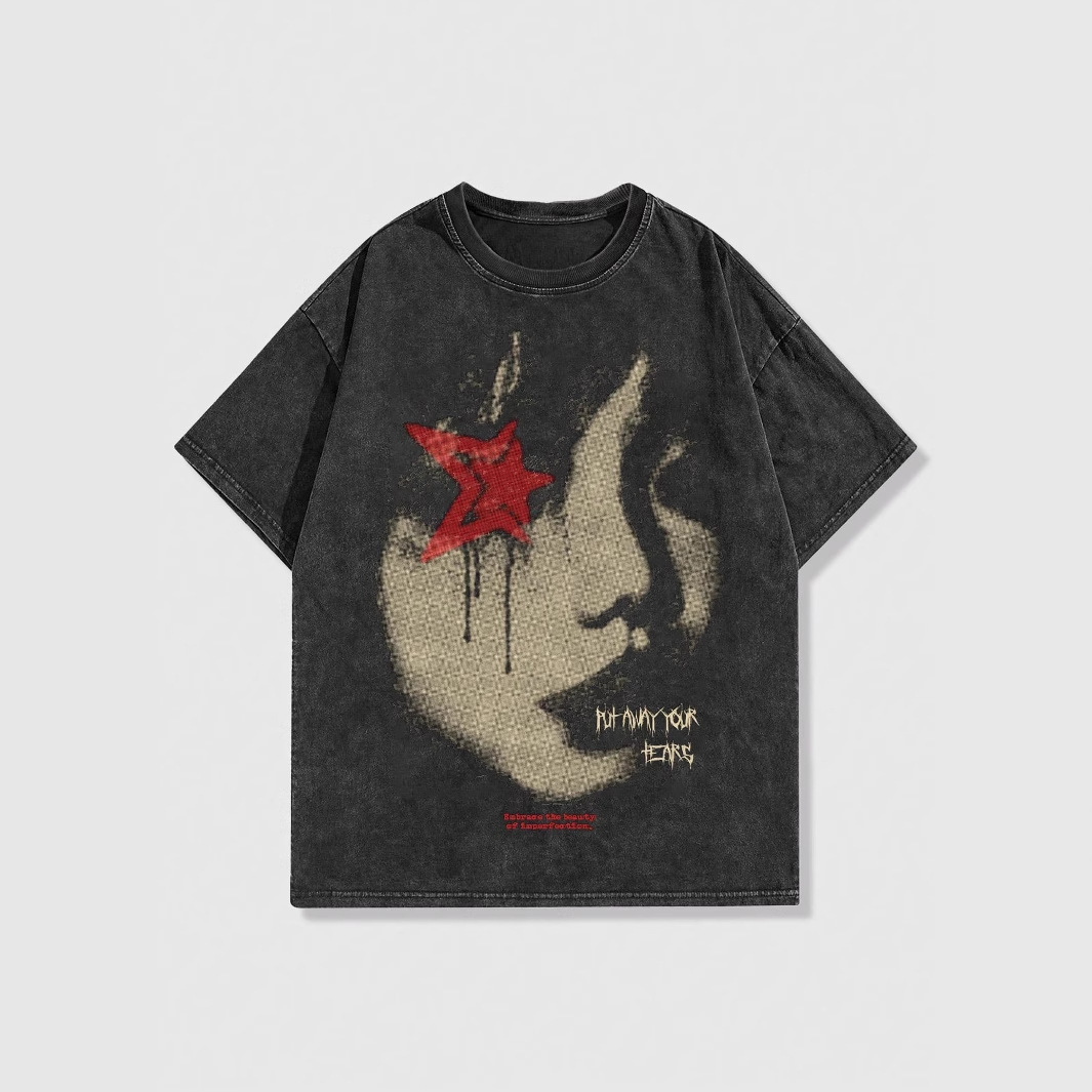 美式复古洗水做旧短袖t恤男夏季新款重磅圆领直筒落肩袖体恤衫男