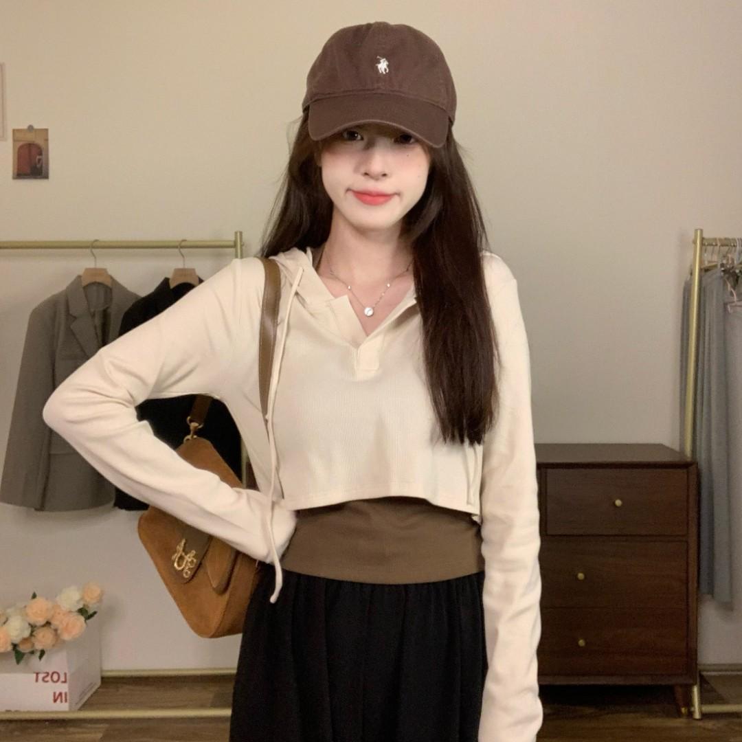 스레드 스파이스 소녀 두 조각 긴 소매 티셔츠 여성용 후드 쇼트 탑 순수한 욕망 작은 슬림 봄 패션