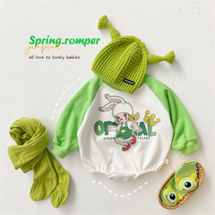 2023春款嬰兒衣服長袖三角包屁衣小兔子牛油果綠春意盎然哈衣爬服