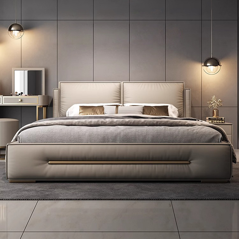 Cama de tofu de lujo ligera ajustable, cama de cuero, cama doble principal moderna y simple, cama queen size de 2 * 2m