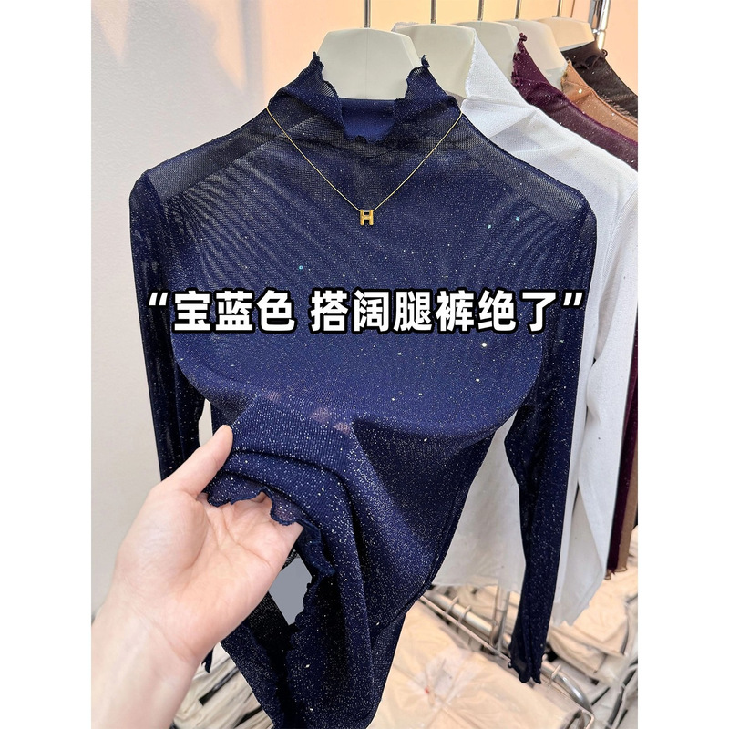 Fashionable and Stylish Half-High Collar Lace Mesh Long-Sleeve Base Shirt for Women, Thin and Slightly Sheer, with a High-End Feel and Sequin Embellishments Fashionable and Stylish Half-High Collar Lace Mesh Long-Sleeve Base Shirt for Women, Thin and Slightly Sheer, with a High-End Feel and Sequin Embellishments