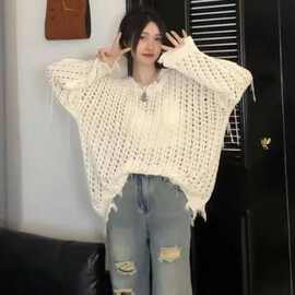 薄款长袖防晒衣罩衫女新款慵懒宽松镂空针织衫冰丝流苏毛线上衣女
