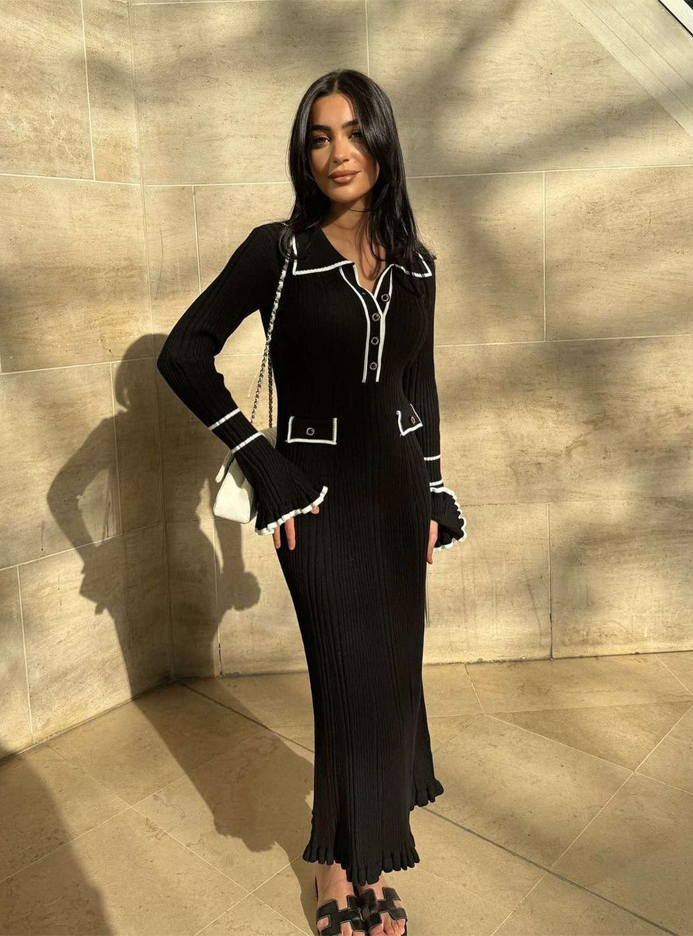 560g Weight Maxi Long Dress Dress Length Type Long Sleeve Sleeve Length Sheath Dress Dresses Type Bell Sleeve Sleeve Type knit Fabric Type Mid Waist Waist Line Holiday Occasion Turndown Neckline Slim Fit Type Color Block Pattern Winter, Spring, Autumn Season Women's Gender Elegant, Streetwear Style Wholesale Women's Elegant Streetwear Color Block Holiday Turndown Long Sleeve Sheath Dress 7