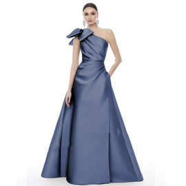 单肩晚礼服女蝴蝶结浅蓝缎面生日PARTY活动表演结婚长款跨境货源