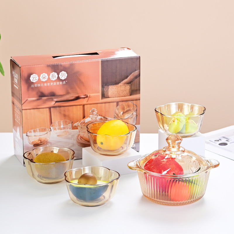 Cuenco de cristal con tapa para cocina, frutero doméstico, alto valor estético, color té simple, venta al por mayor de fábrica, cuenco de cristal en stock.