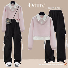 少女春装2025新款学院风假两件时尚POLO领卫衣初高中学生洋气套装