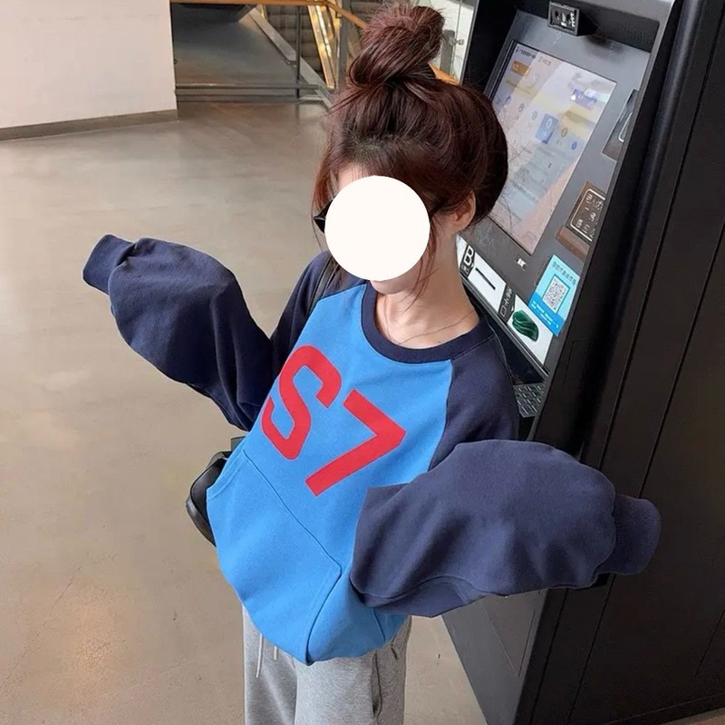 ins超火秋季新款美式复古撞色印花长袖卫衣女休闲风百搭潮流上衣|undefined