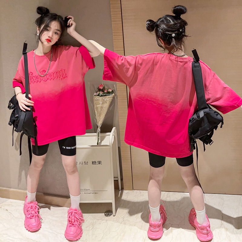 아동과 소녀 패션 반팔 인쇄 세트 세련된 그라디언트 티셔츠 안티 러닝 상어 바지 패션 2