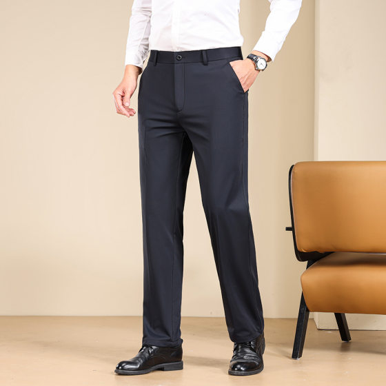Spring and Autumn Men's Trousers Black Loose Stretch Trousers Pants Tibetan Blue Dress Trousers Middle-aged High Waist Trousers
