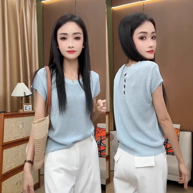 设计感后背镂空短袖针织衫女2025夏季新款洋气减龄别致上衣潮女装|undefined