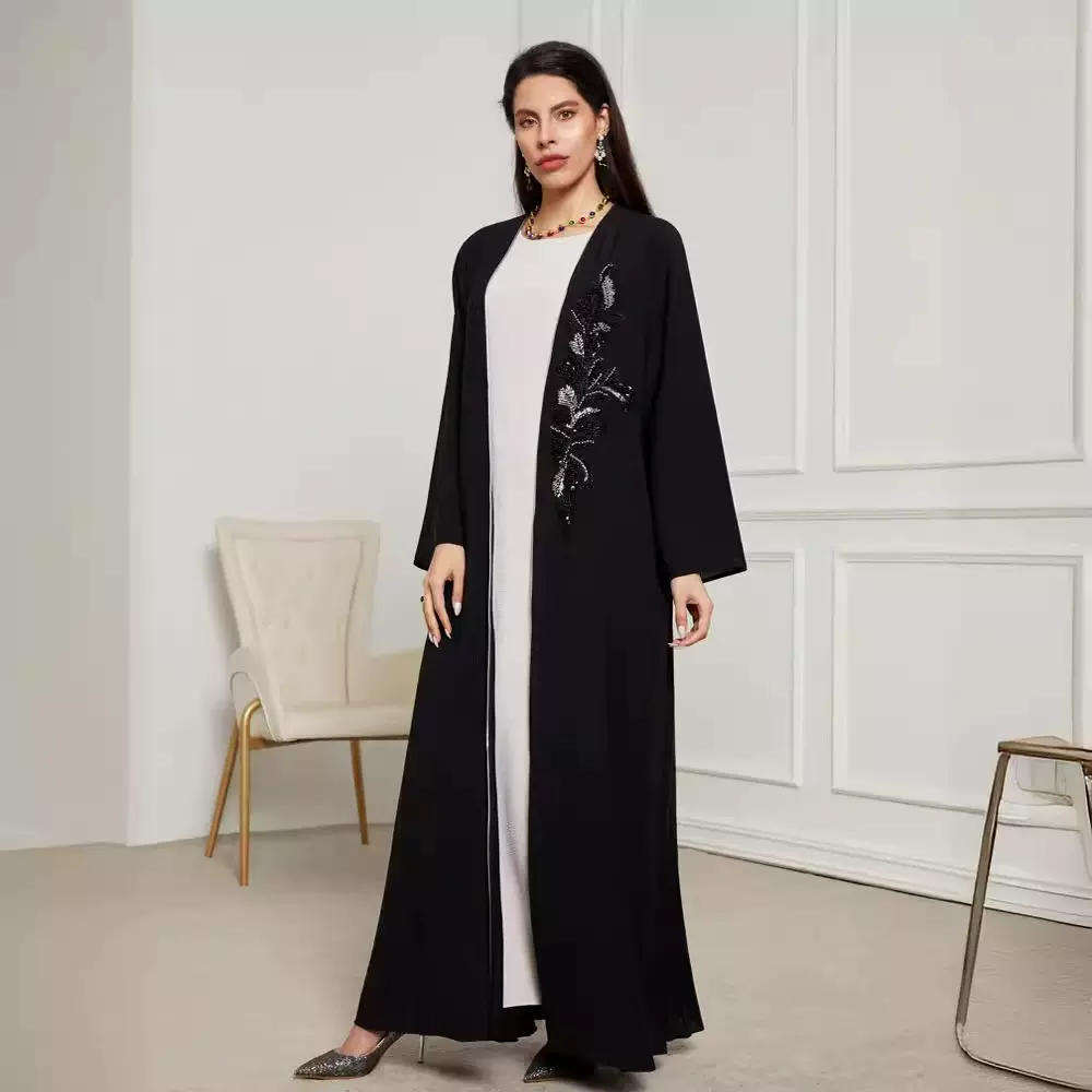 2024新款手工钉珠中东穆斯林服装长裙时尚优雅开衫撞色连衣裙长袍
