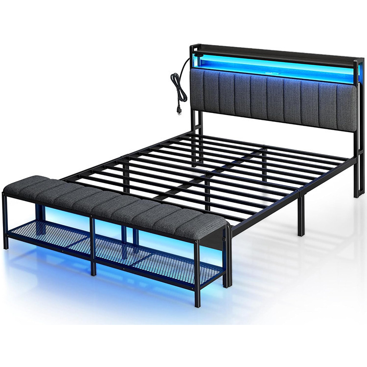 Cross-Border Customized Popular Queen Size Bed Frame with Charging Station Led Light Upholstered Bedside with Storage Rack Double Bed