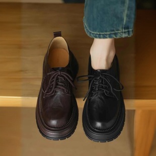 [Ready Stock] 002 Soft Leather British Style Brown Small Leather Shoes with Round Toe and Thick Sole, New Retro Flats for Spring and Autum
