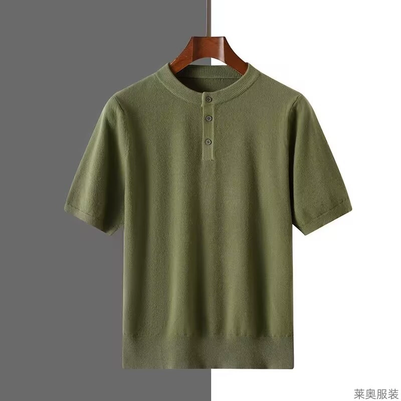 Весенне-летний новый стиль, вязаная футболка с короткими рукавами и воротником Генри, мужская рубашка-пуловер, однотонная, простой топ с половиной рукавов большого размера