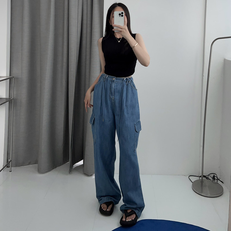 Handsome Boyfriend Style Drawstring Lace-up High Waist Multi-Pocket Tote Pants Korean Style Vintage Washed Wide Leg Jeans