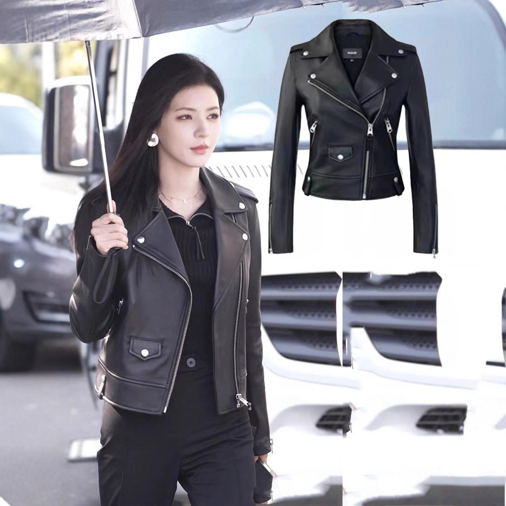 In-Stock Zhang Yuxi and Yu Wenwen Same Style 2023 Autumn New Women's Short Faux Leather Biker Jacket Coat Leather Jacket
