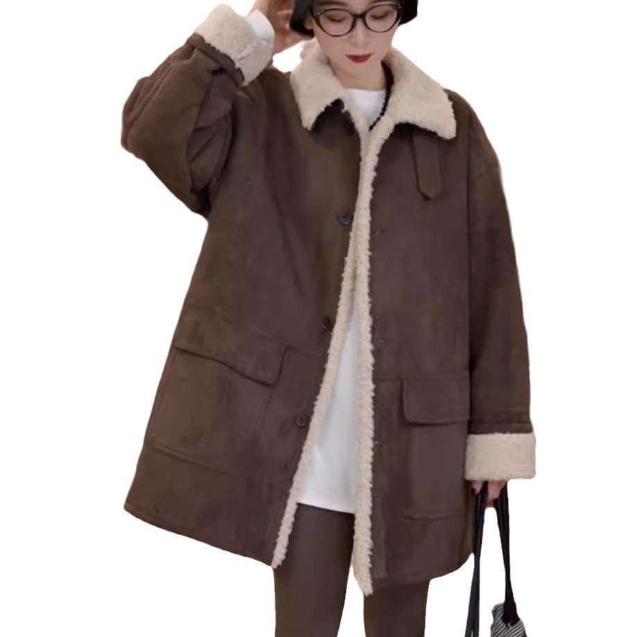 한국 스타일 빈티지 스웨이드 LAMBSWOOL COAT 여자 겨울 2024 새로운 느슨한 슬리밍 중간 길이 모피 원