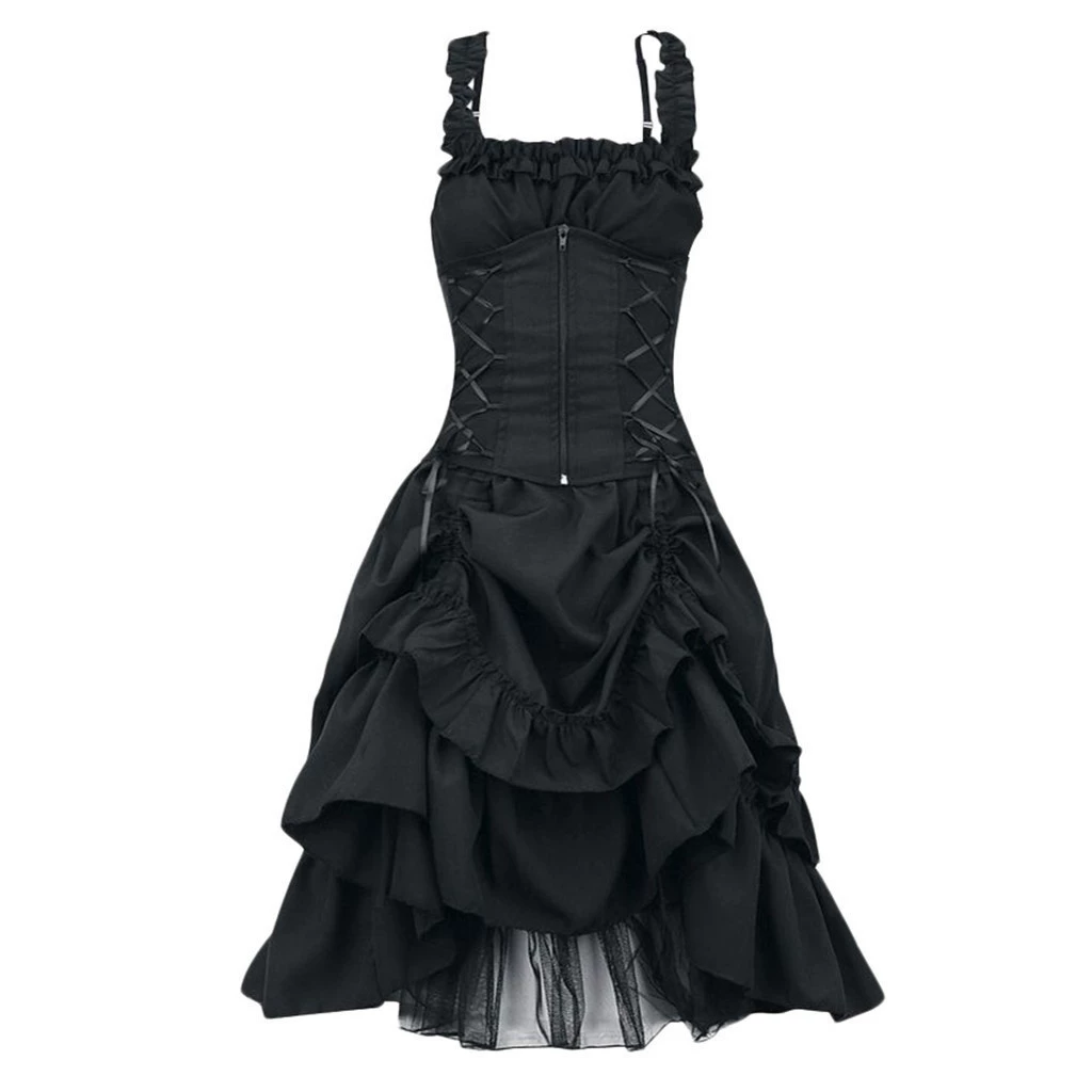 Платье вечернее в стиле ретро с бретельками, косплей Lolita Gothic, европейский стиль, плюс-сайз S–5XL, многослойная оборочная юбка