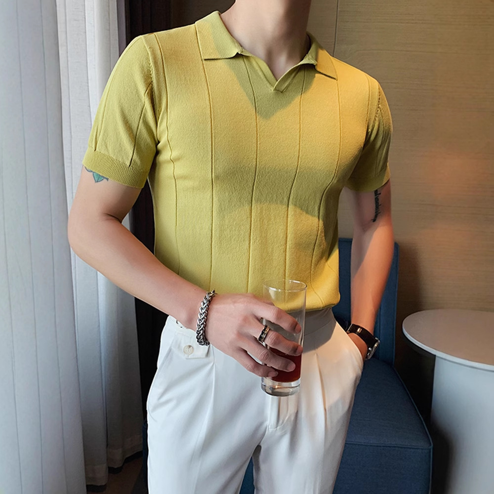 Camiseta de Manga Corta de Seda de Hielo para Hombre, Verano 2025, Nueva Camiseta de Negocios para Hombre, Elegante Polo de Punto con Cuello en V