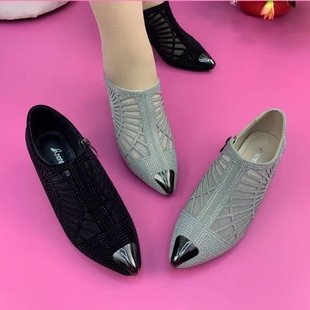 2025 Summer New Soft Leather Mesh Shoes Hollow Rhinestone Low Heel Pointed Women's Fashion Women's Zipper High Heel Sandals
