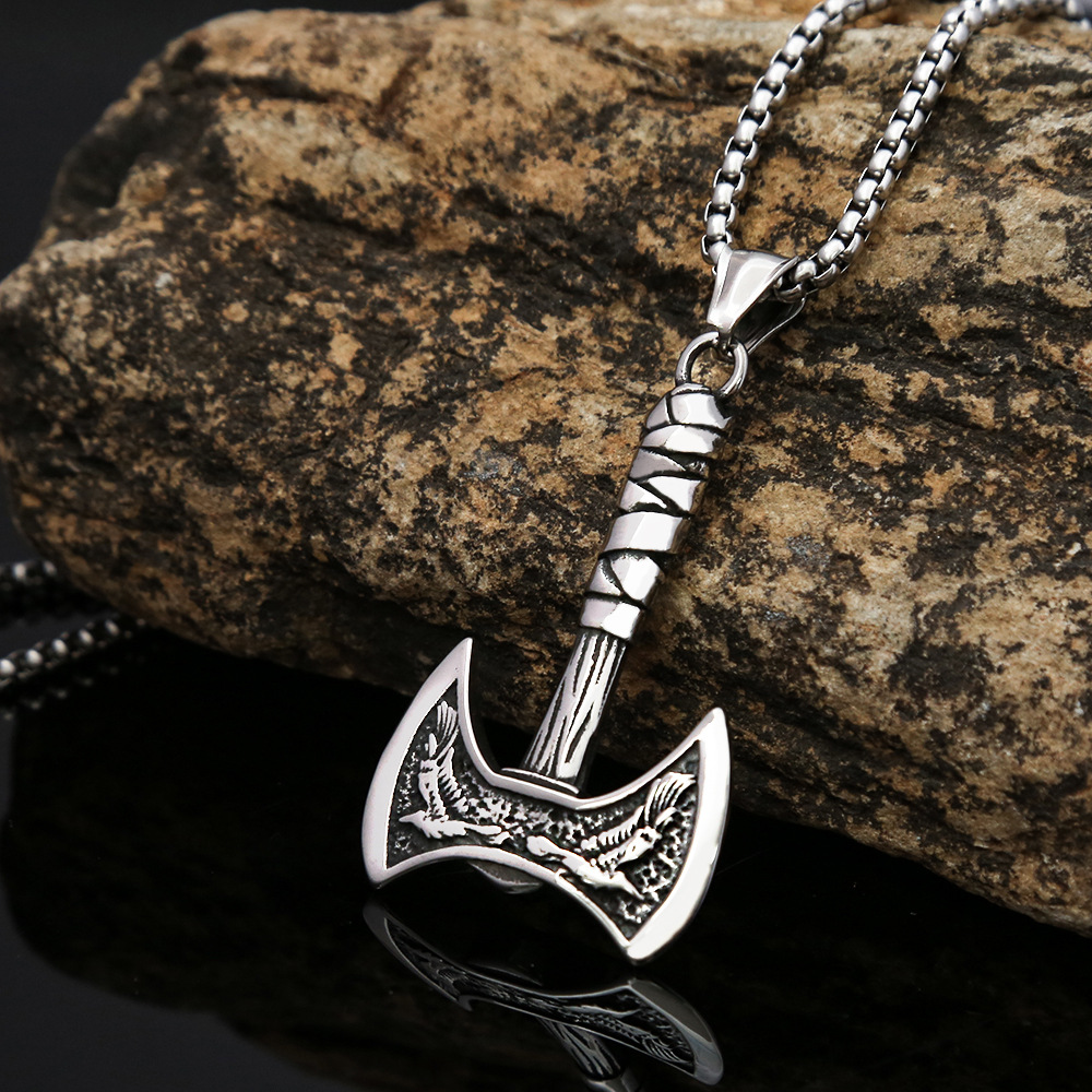 Men's hip-hop fashion stainless steel necklace Viking personality double-sided axe pendant jewelry for women_voghion.com