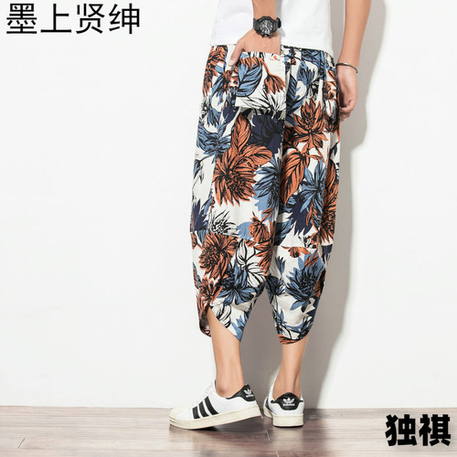 Factory Wholesale Foreign Trade Men's Spring and Summer Men's Lantern Pants Multi-color Thailand Wide Leg Pants Cotton and Hemp Chinese Style Beach Pants 