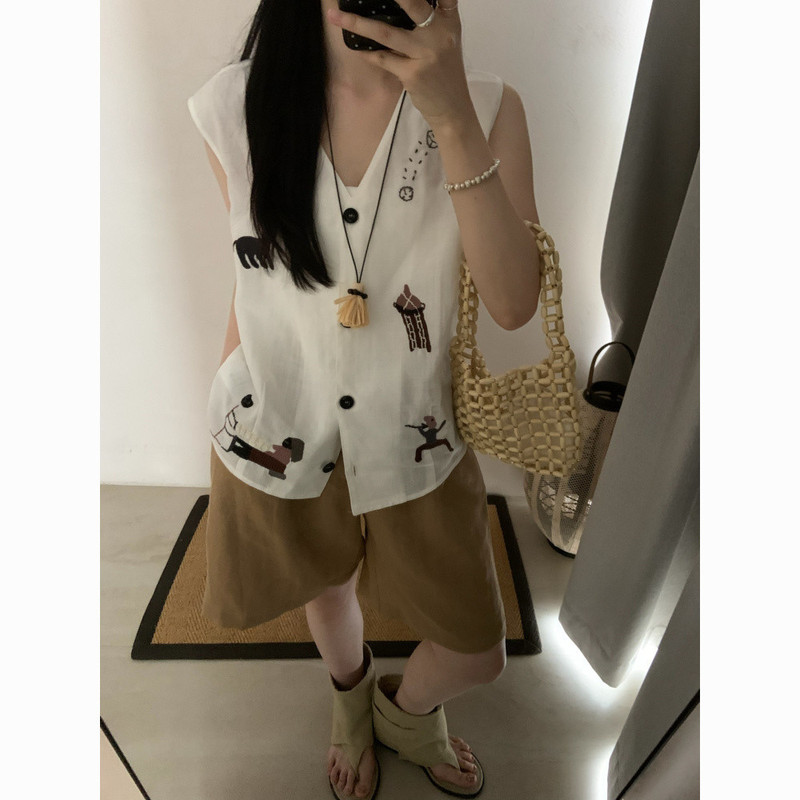 亚麻宽松刺绣夏季新款复古棉麻马甲背心女设计感卡通V领无袖上衣|undefined