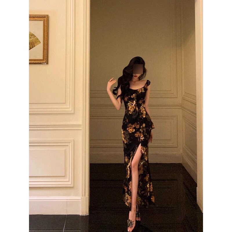 French Printed Sling dress Women's Spring Ruffled Slim-fit Fishtail Dress Design Sense Elegant Hip Skirt