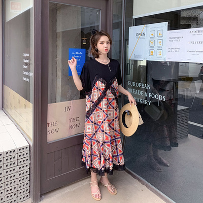 2021實拍夏新品大碼短袖T恤拼接蕾絲假兩件洋氣寬松中長款連衣裙