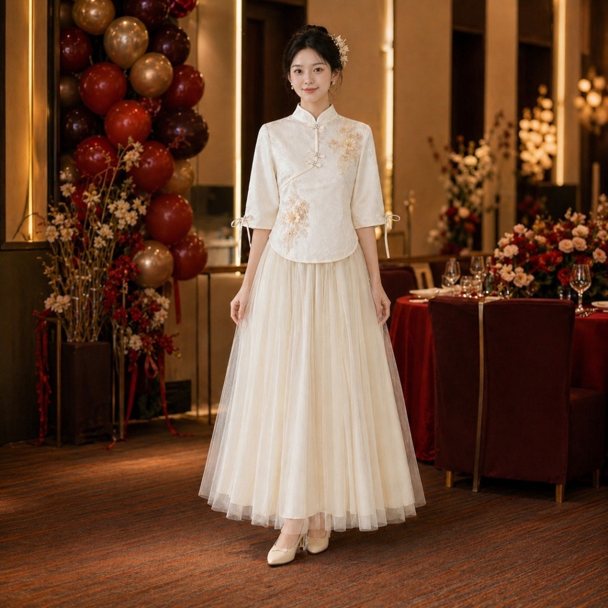 香槟色伴娘服新中式2026夏季新款新娘婚礼闺蜜姐妹礼服复古两件套