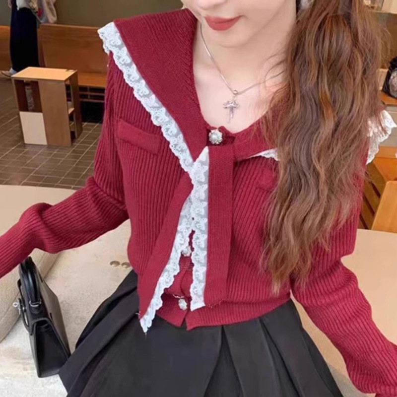 Christmas Red Lace Splicing Shawl Lapel Sweater Cardigan Women's Autumn and Winter French High-End Pit Knitted Top Christmas Red Lace Splicing Shawl Lapel Sweater Cardigan Women's Autumn and Winter French High-End Pit Knitted Top