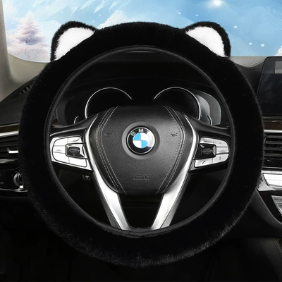 D-Shaped, Non-Slip, Cute Cartoon Two-Tone Bear, Steering wheel cover - plush-ears-black-38cm