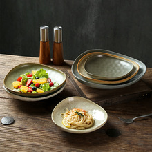 跨境创意三角陶瓷盘日式粗陶盘高级感甜品水果沙拉盘商用陶瓷餐具