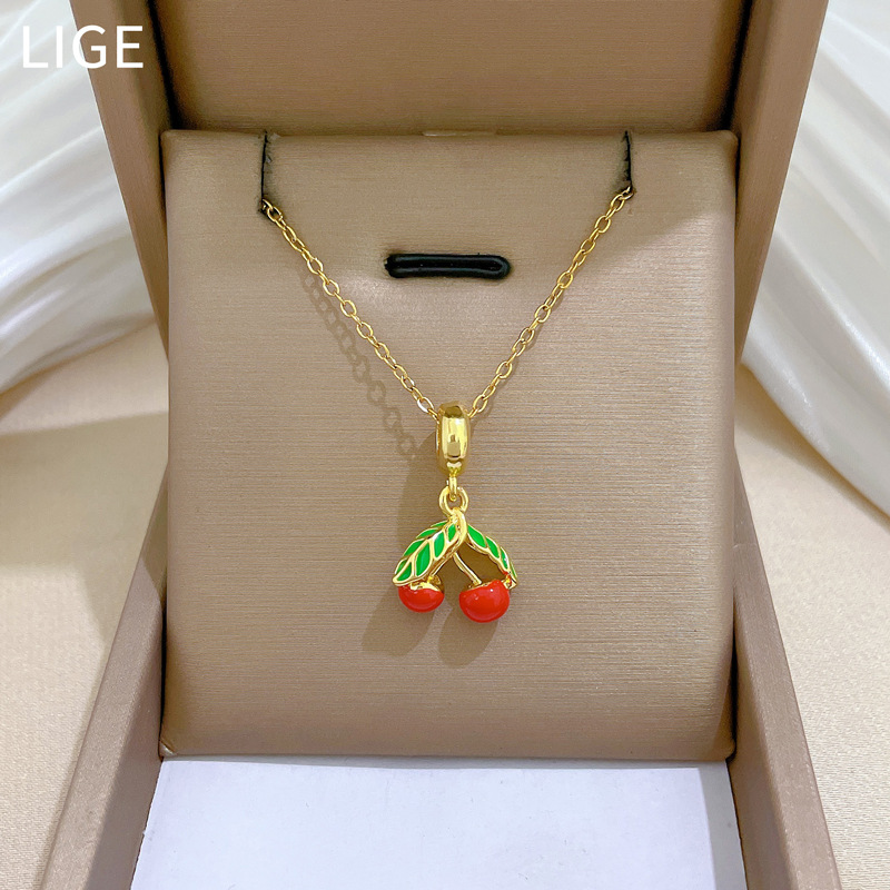 Gorgeous Green Leaf Cherry Pendant Necklace In Titanium Steel_voghion.com