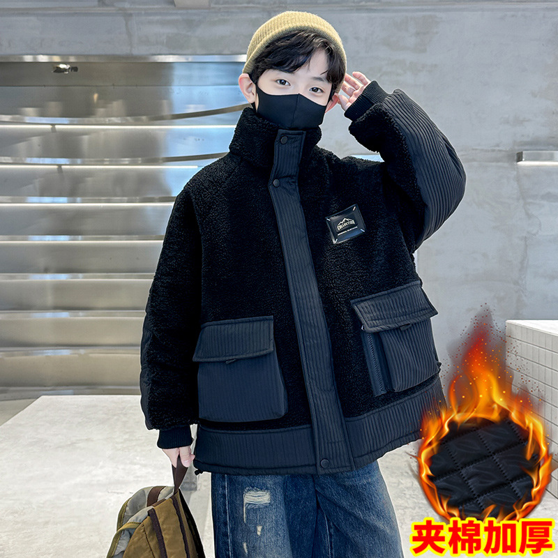 (2개) 어린이 소년 벨벳 재킷 2024 가을과 겨울 새로운 두꺼운 모직 스웨터 겨울 중간 및 큰 어린이 면화 탑
