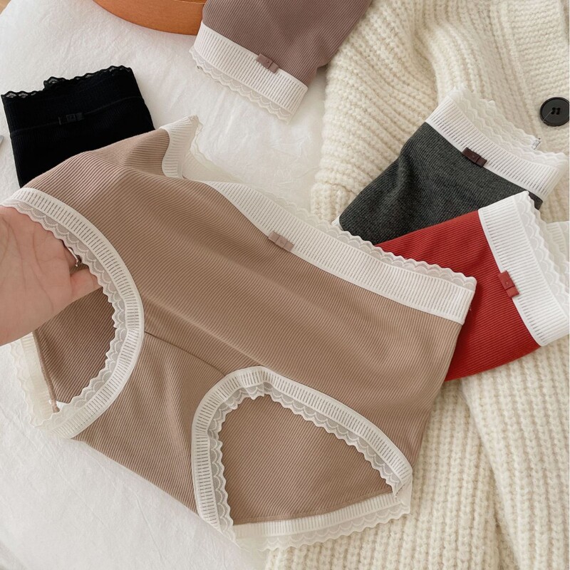 Vintage classic French lace rib cotton women's underwear high waist comfortable breathable hip cotton crotch briefs