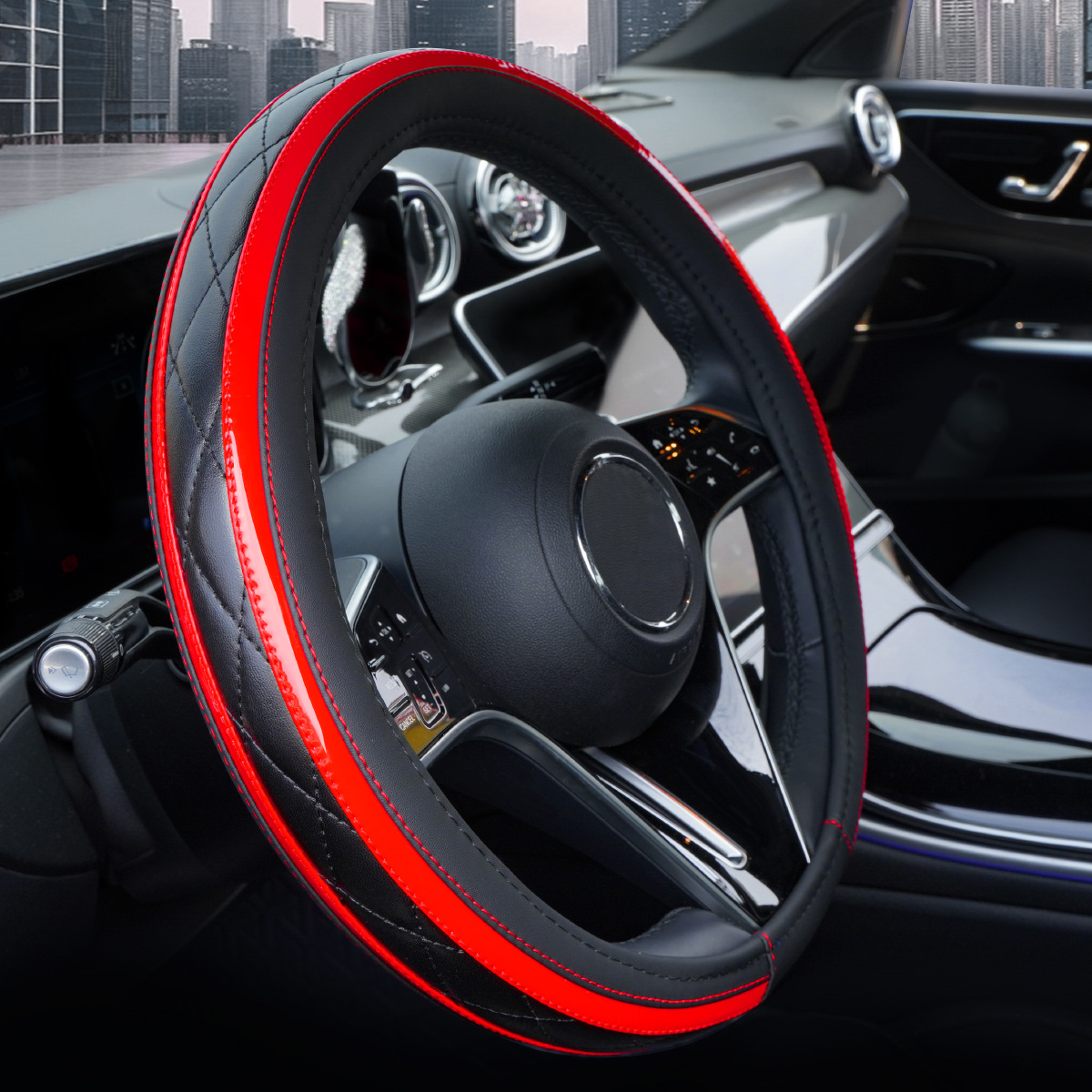 New Car Steering Wheel Cover, Leather Quilted Embroidery Stitching, Universal for All Seasons, Cross-Border Hot-Selling Interior Steering Wheel Protective Cover
