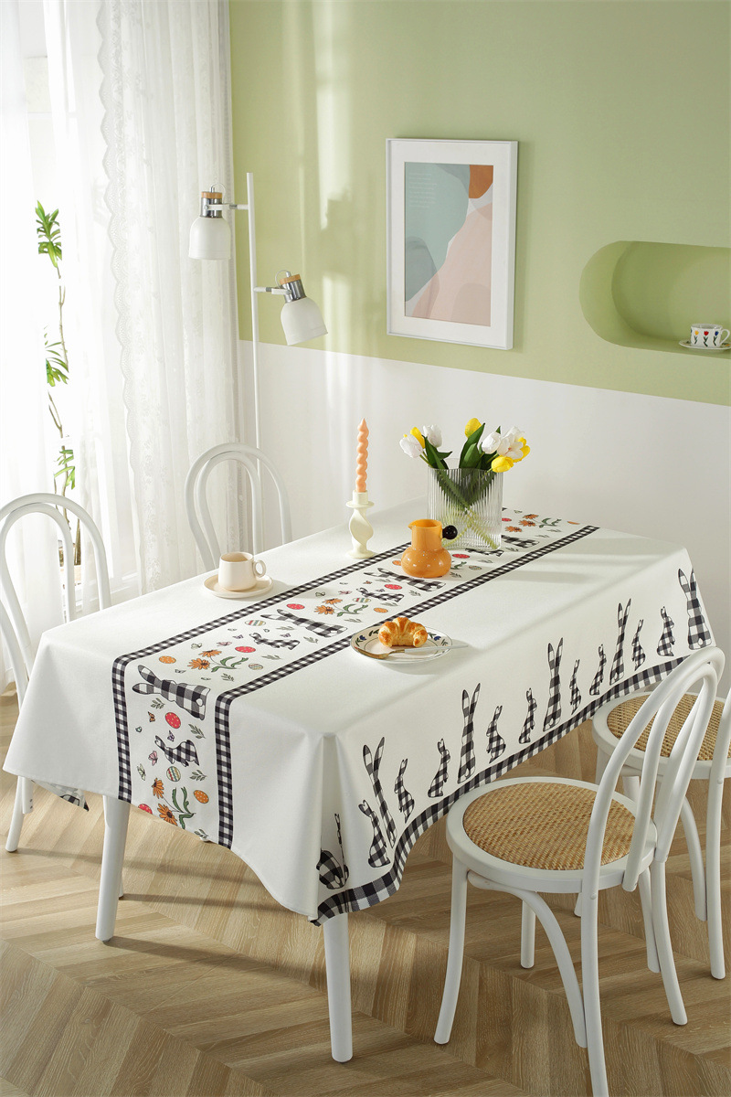 Tovaglia da caffè impermeabile in poliestere con stampa a quadri pasquali, coniglietti e fiori primaverili. Copertura per tavolo da pranzo_voghion.com