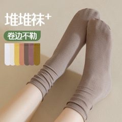 White chunky socks for women, summer cotton style—Zhujiajiao boneless socks with a clean, solid-color design and rolled edges, perfect for spring and autumn elastic long stockings.