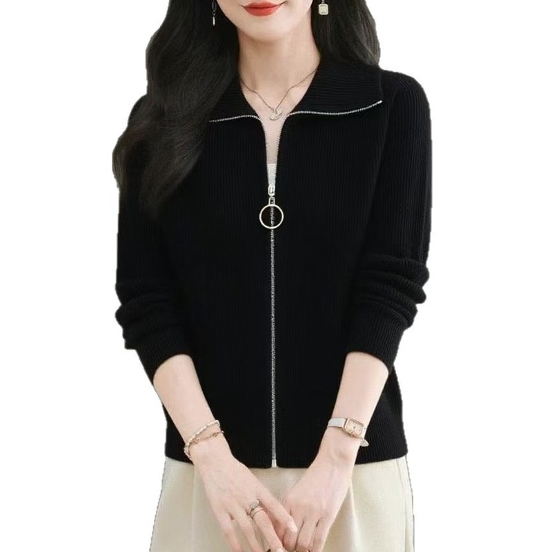 女短款翻领拉链毛衣外套春秋小个子针织上衣高腰休闲外搭针织开衫|undefined