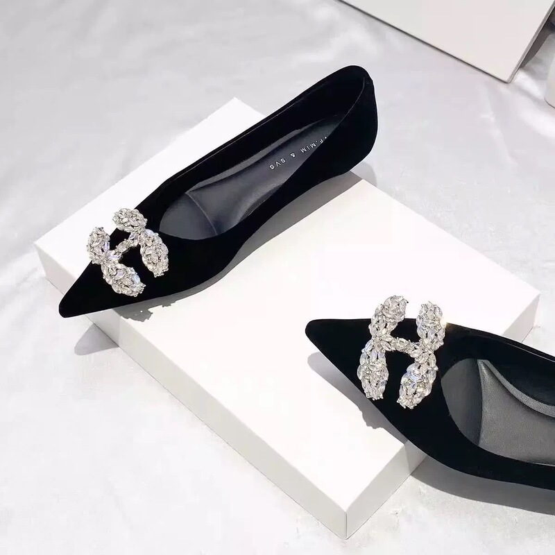 Black Pointed-Toe Shallow Low-Heeled High-Heeled Shoes for Women with Rhinestones and Velvet, 2026 Spring and Autumn New Style Single Shoes, Work Shoes, Cotton