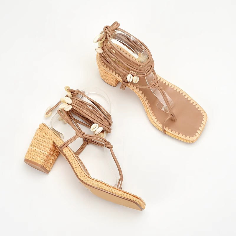 Foreign trade of the United States original single plus size 42 embroidery string string shell clip toe strap hemp rope thick heel high heel sandals women