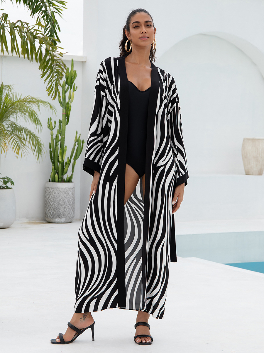Women's Flowy Cover Up Kimono Beach Dress With Exotic Prints Lightweight Linen Feel Fabric For Pool, Vacation, Boho Outfit_ecoleips.com
