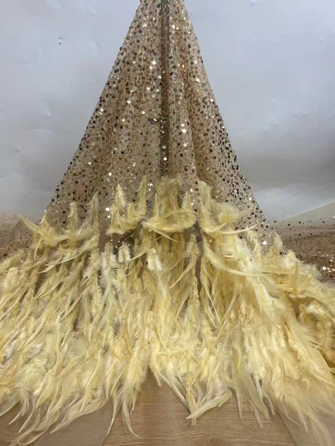 Vestido de lentejuelas con fino estampado floral, estilo europeo y americano, vestido de lentejuelas azules con bordado de plumas, tela con bordado tridimensional.
