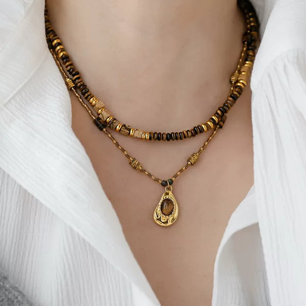 Retro Natural Tiger Eye Stone Necklace Accessories Women's High-End Accessible Luxury Niche Summer Beaded Clavicle Chain Stacking Jewelry