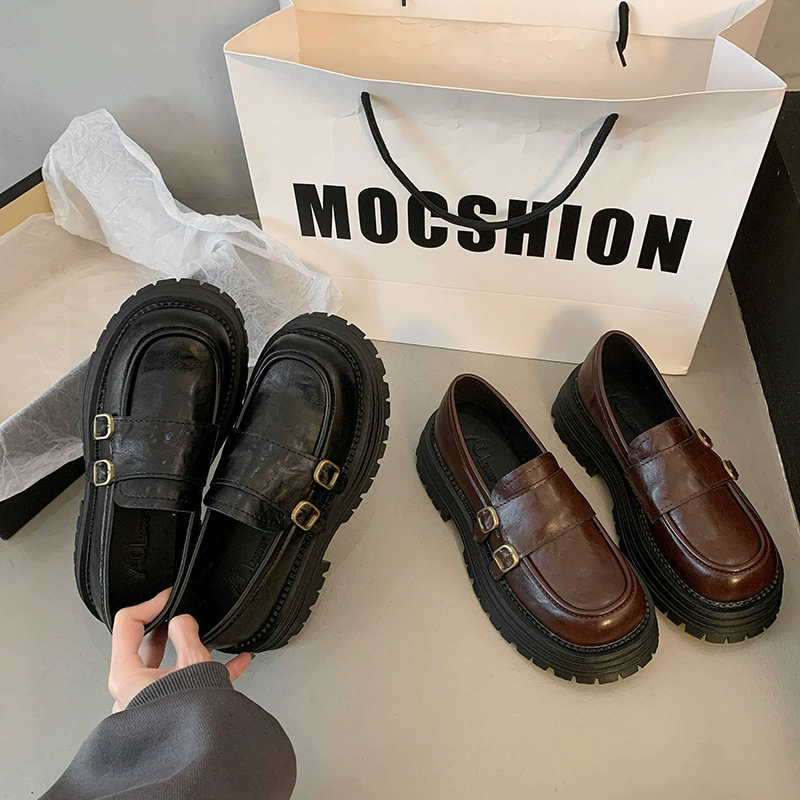 Туфли Lefu обувь женская весна и осень 2025 новая дикая толстая обувь на каблуке маленькая кожаная обувь один педаль ретро повседневная одиночная обувь